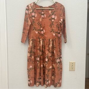 Peruvian Connection Rust Floral Midi Dress with Pink Roses